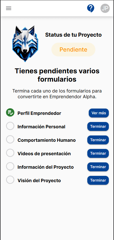 Pantalla de estado del proyecto del emprendedor con la lista de formularios pendientes — vista móvil