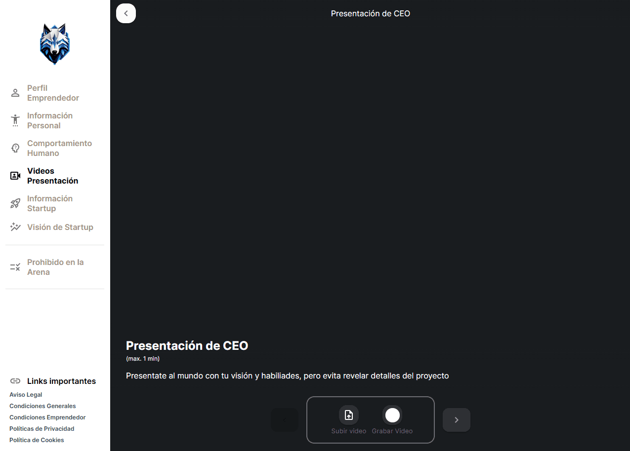 Pantalla para grabar o subir el vídeo de presentación del CEO, con un límite de un minuto