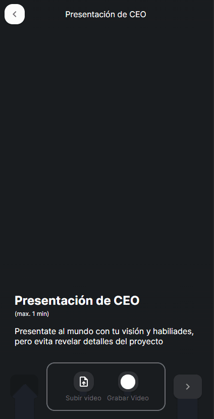 Pantalla para grabar o subir el vídeo de presentación del CEO, con un límite de un minuto — vista móvil