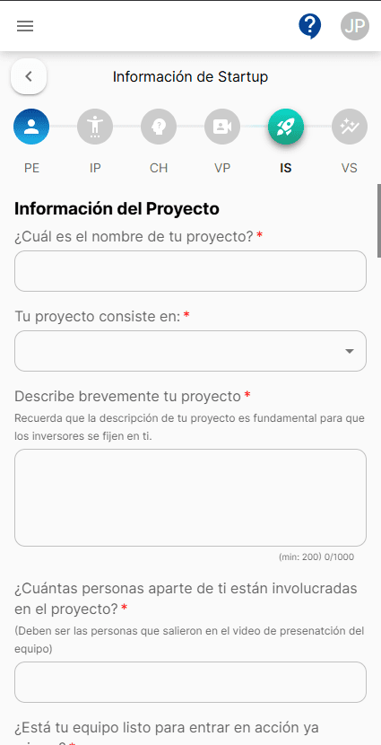 Formulario de información del proyecto, con nombre, descripción y datos del equipo — vista móvil