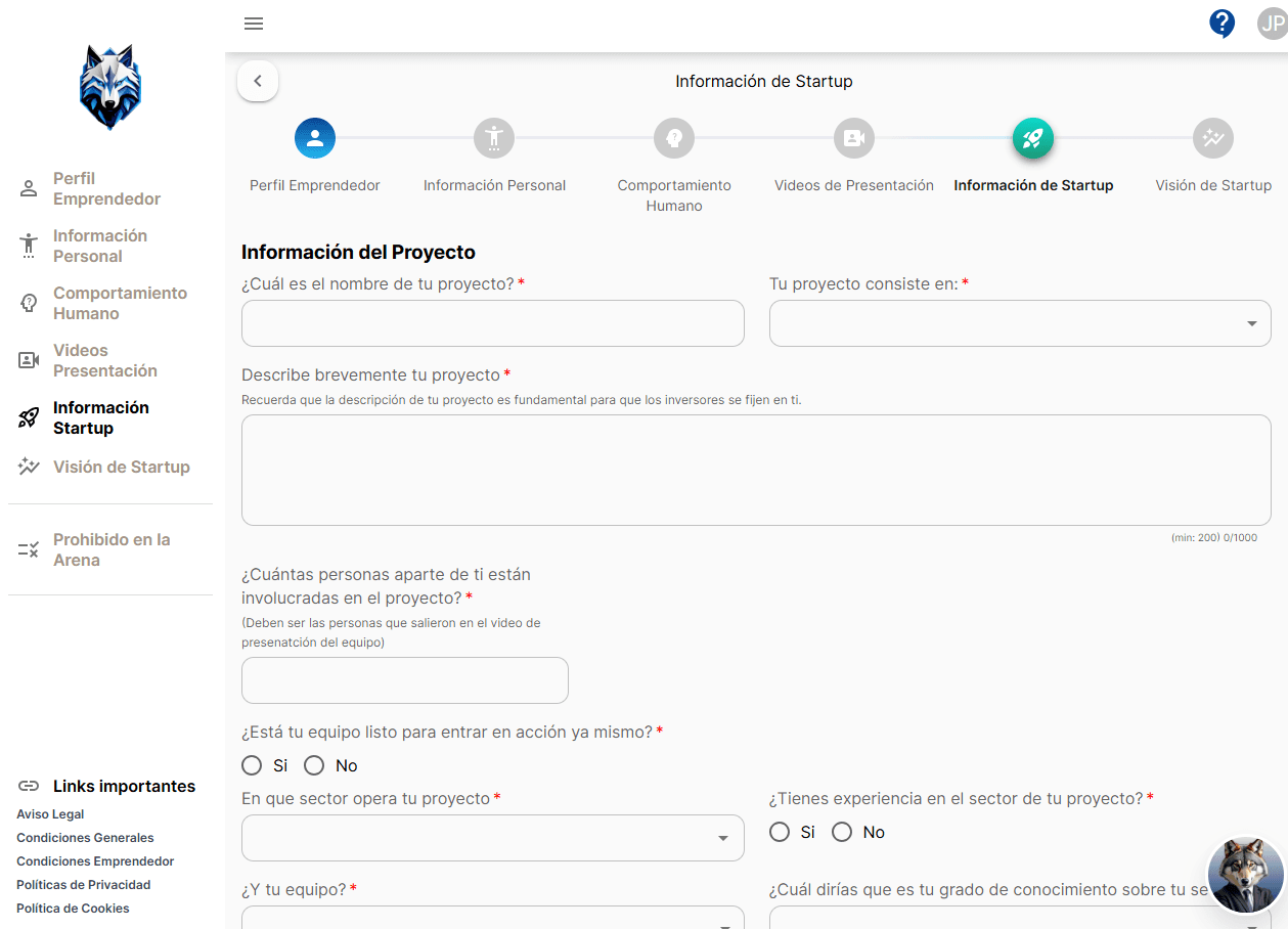 Formulario de información del proyecto, con nombre, descripción y datos del equipo
