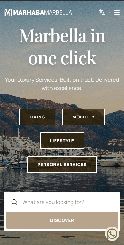 Página principal de Marhaba Marbella con buscador de servicios y categorías — vista móvil