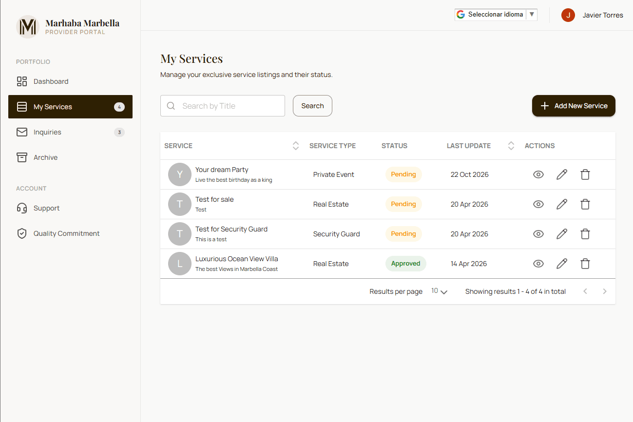 Dashboard del proveedor con la lista de sus servicios, estados y acciones