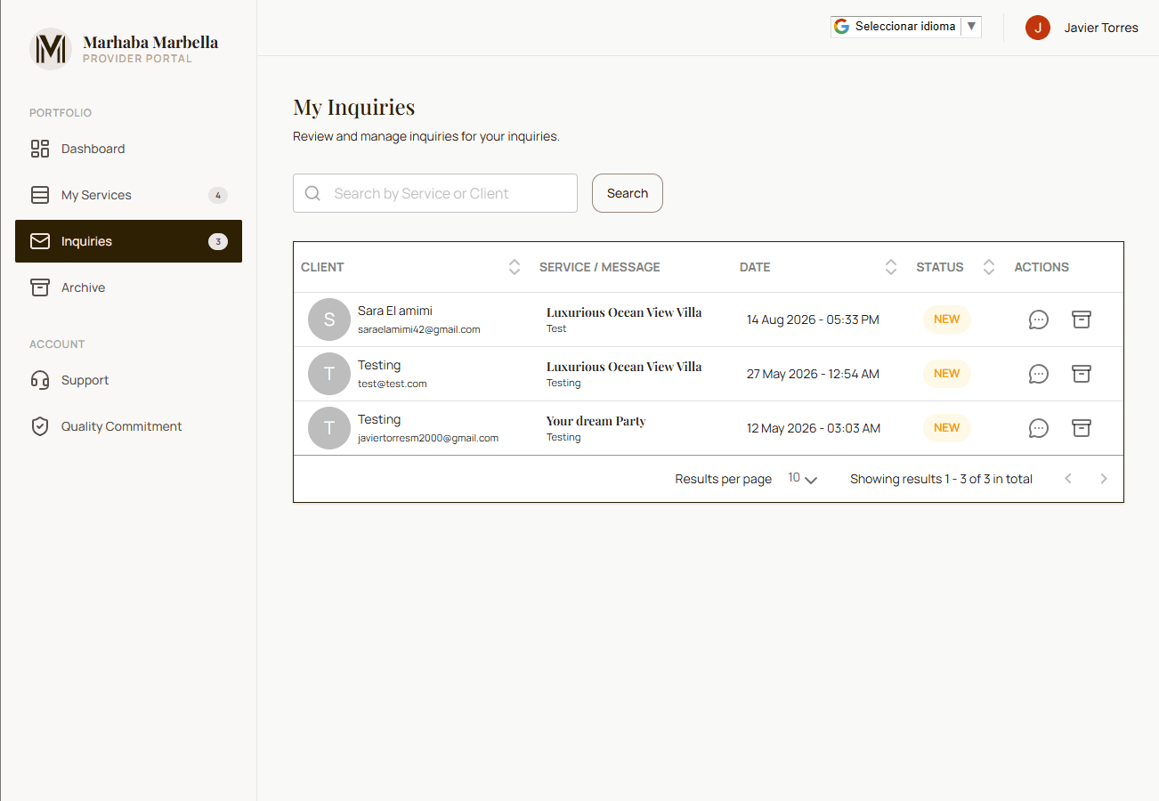 Dashboard del proveedor con las solicitudes de clientes recibidas