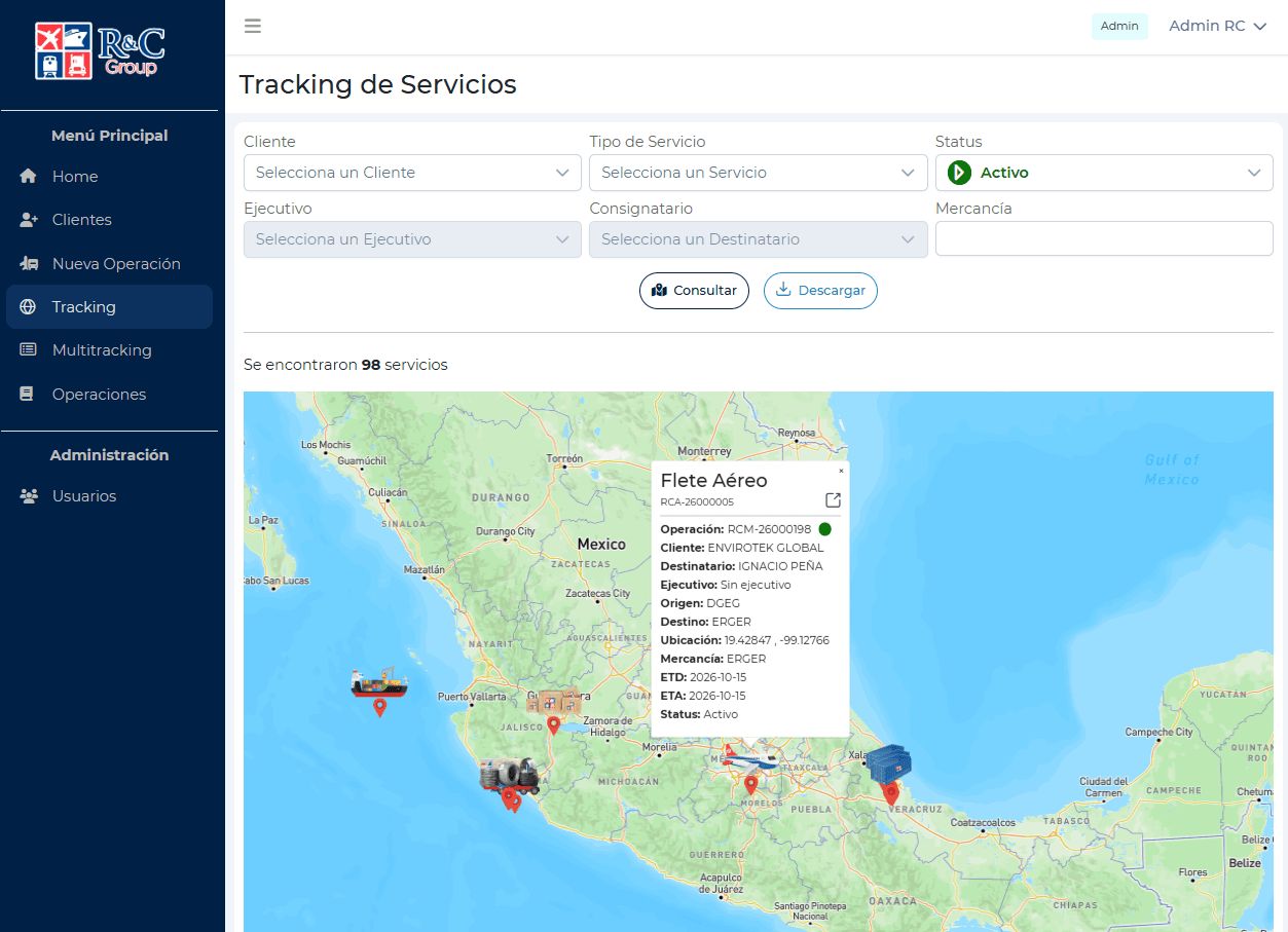 Pantalla de seguimiento de servicios con filtros y un mapa con marcadores de las operaciones activas