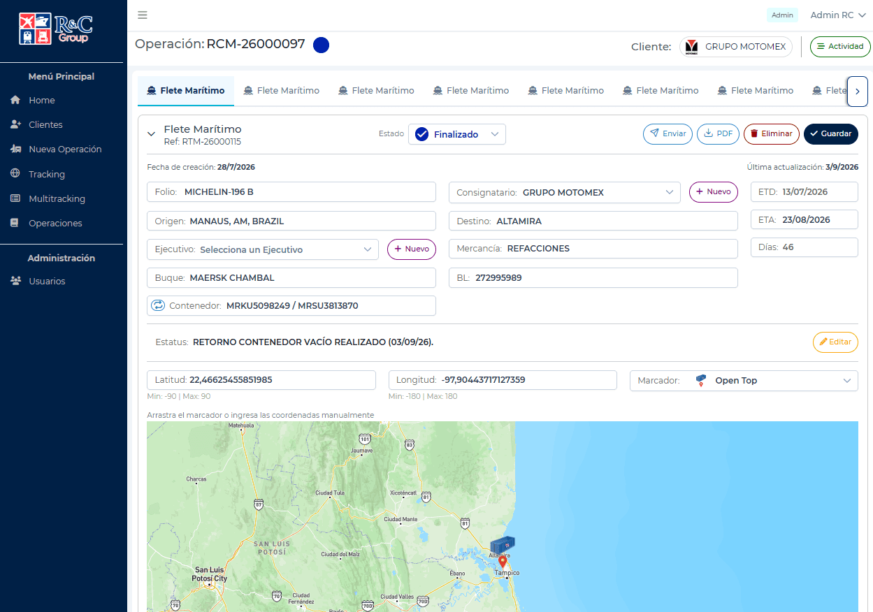 Detalle de una operación de flete marítimo con sus datos y un mapa