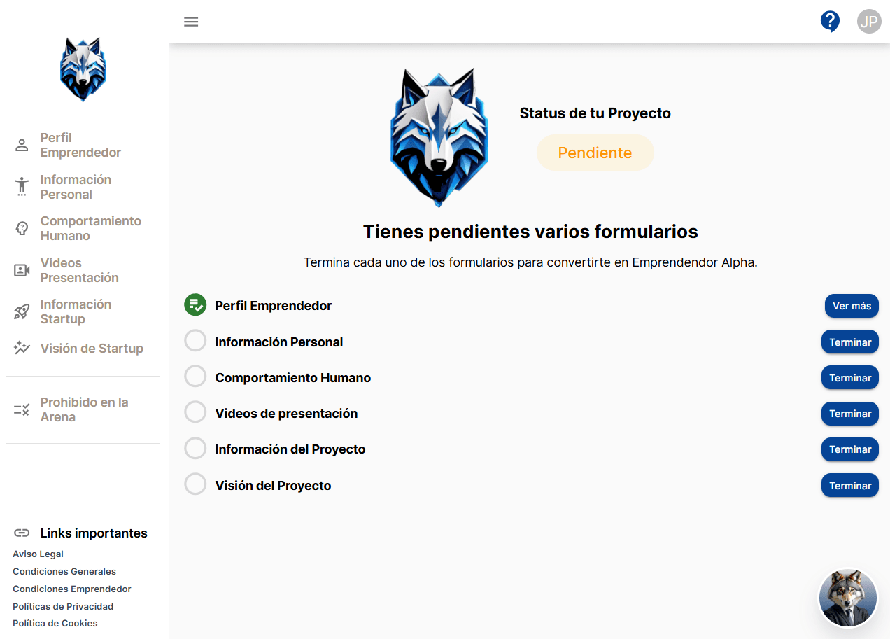 Pantalla de estado del proyecto del emprendedor con la lista de formularios pendientes