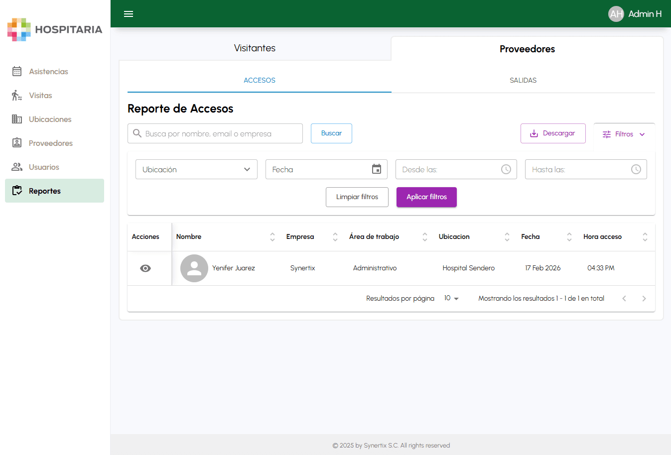 Reporte de accesos con filtros por ubicación y fecha