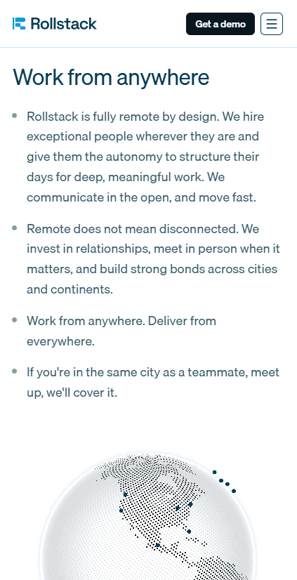 Sección de cultura del sitio de Rollstack con tarjetas de valores y el apartado «Work from anywhere» — vista móvil