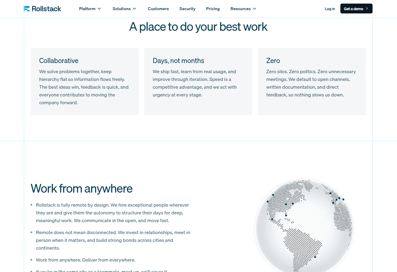 Sección de cultura del sitio de Rollstack con tarjetas de valores y el apartado «Work from anywhere»