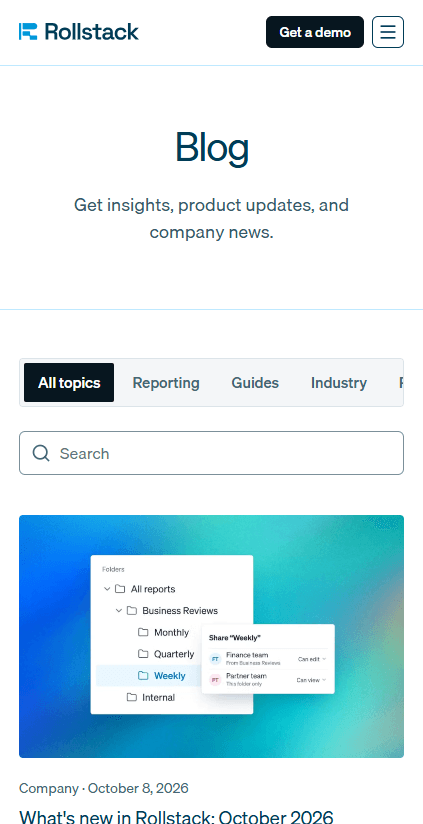 Página de blog de Rollstack con filtros por tema, buscador y artículos destacados — vista móvil