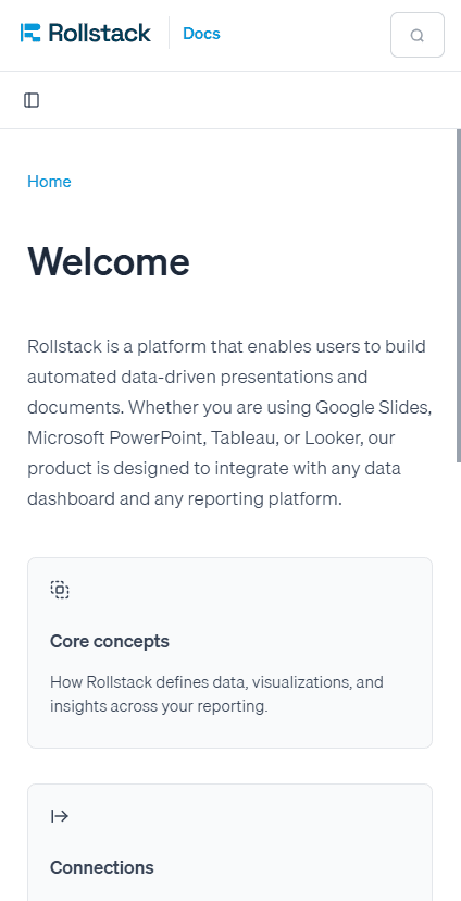 Página de bienvenida de la documentación de Rollstack con navegación lateral y tarjetas de acceso a los temas principales — vista móvil