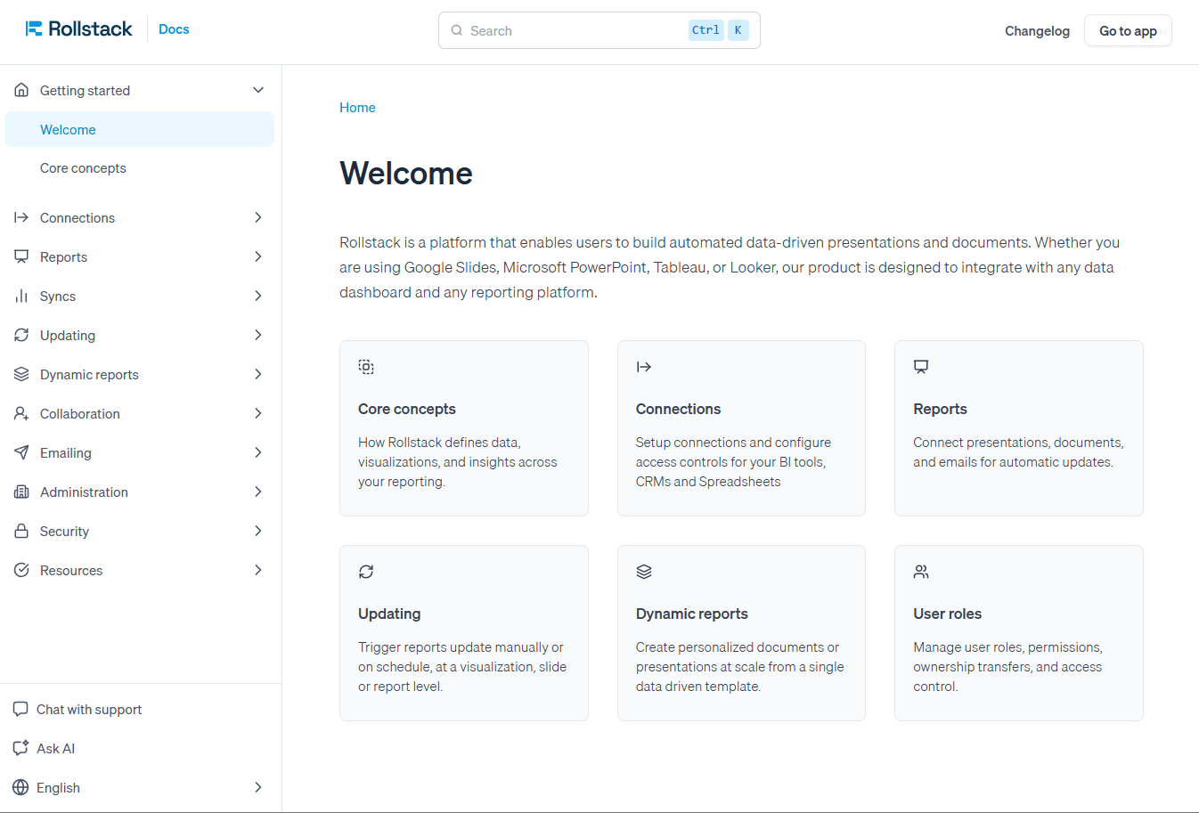 Página de bienvenida de la documentación de Rollstack con navegación lateral y tarjetas de acceso a los temas principales