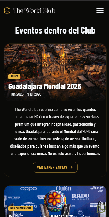 Club events page listing featured events — mobile view