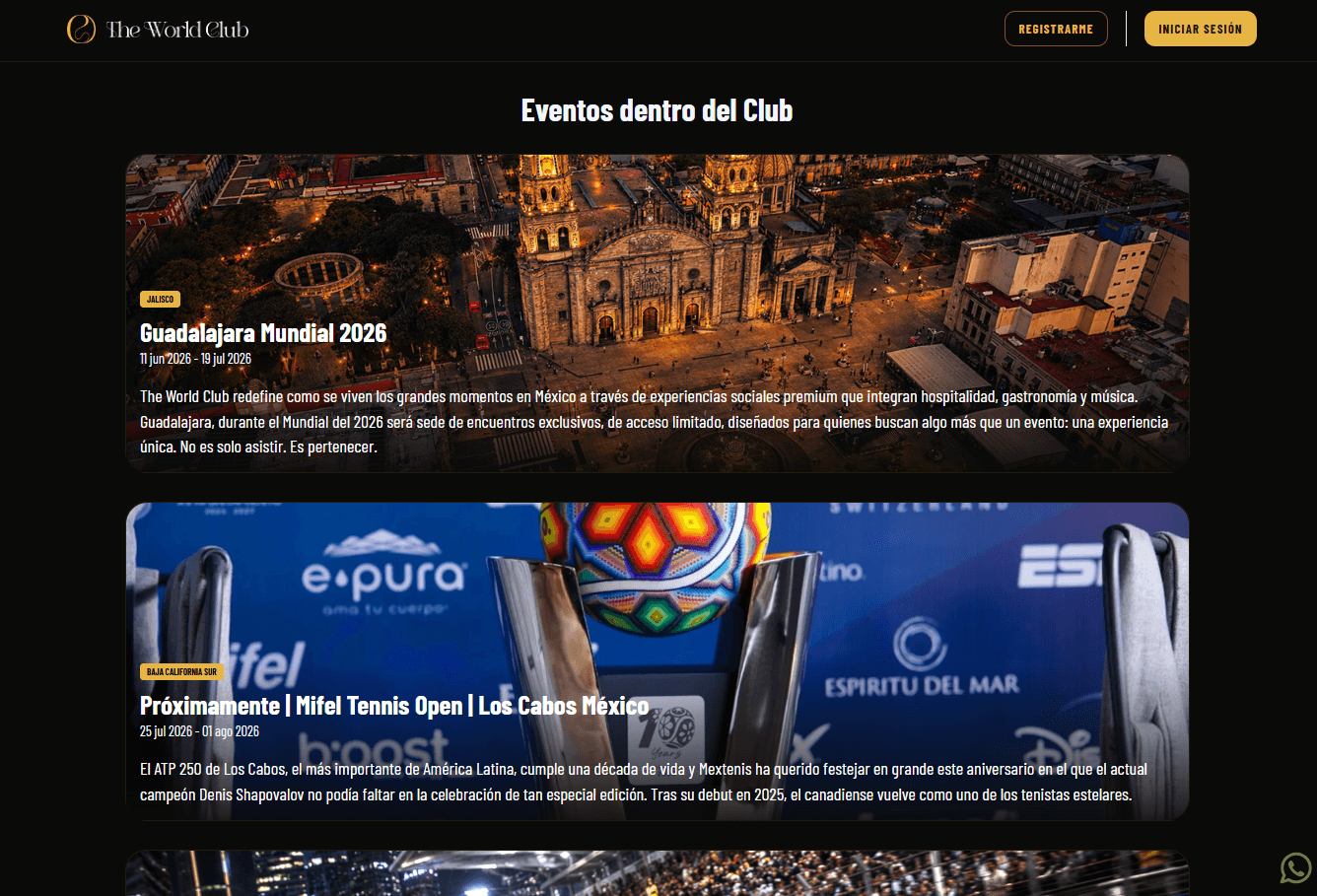 Página de eventos del club con el listado de eventos destacados