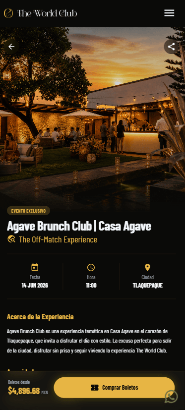 Experience detail page with description, date, time, city, and a button to buy tickets — mobile view
