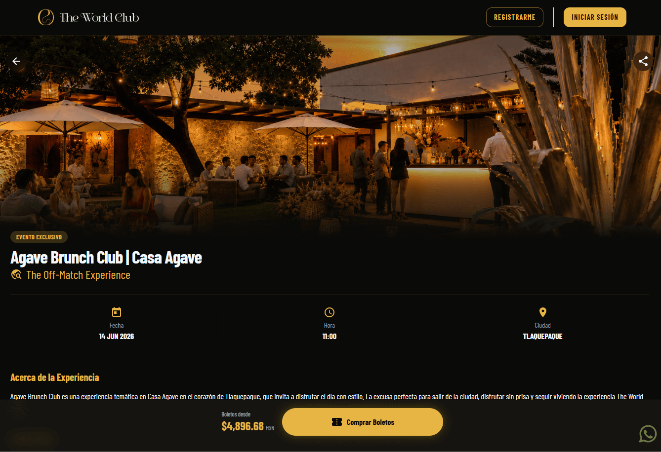 Experience detail page with description, date, time, city, and a button to buy tickets