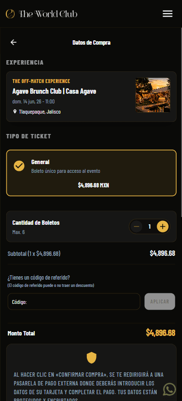 Purchase details screen with ticket type, quantity, referral code, and total — mobile view