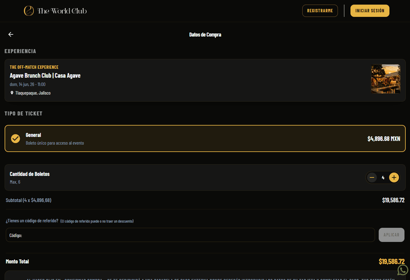 Purchase details screen with ticket type, quantity, referral code, and total
